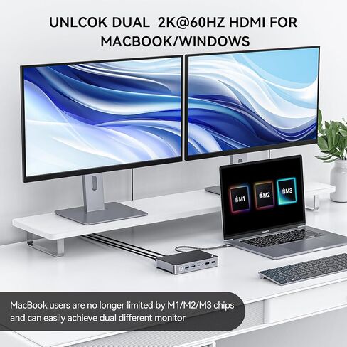محطة إرساء Minisopuru DisplayLink بشاشة مزدوجة، قاعدة كمبيوتر محمول تدعم شحن 15 وات، HDMI مزدوج 2K@60HZ، بيانات USB-C بسرعة 10 جيجابت في الثانية، محطة إرساء USB C لأجهزة MacBook M3/M2/M1، Windows، Thunderbolt 4/3 in Kuwait