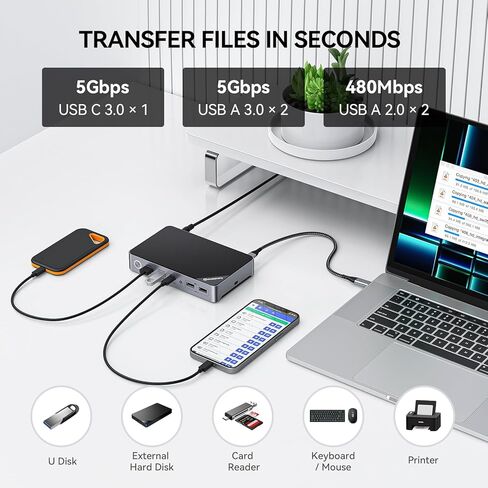 محطة إرساء Minisopuru DisplayLink بشاشة مزدوجة، قاعدة كمبيوتر محمول تدعم شحن 15 وات، HDMI مزدوج 2K@60HZ، بيانات USB-C بسرعة 10 جيجابت في الثانية، محطة إرساء USB C لأجهزة MacBook M3/M2/M1، Windows، Thunderbolt 4/3 in Kuwait