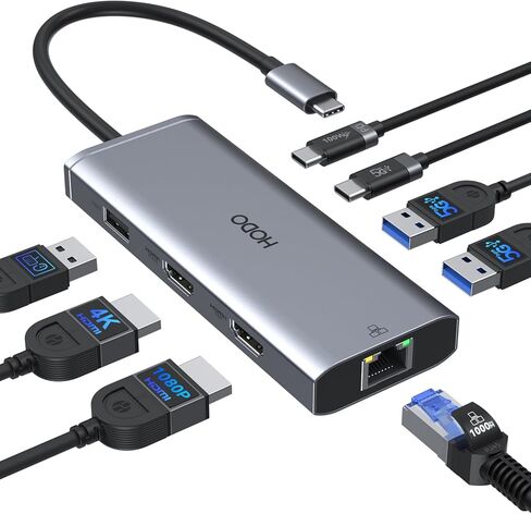 محول USB C HUB مزدوج HDMI لجهاز MacBook Pro Air، محطة إرساء مزدوجة الشاشة، محول USB C متعدد المنافذ Mac Dongle مع 2 HDMI، 3 USB، 100W PD، إيثرنت، وضع ممتد لجهاز MacBook M1 M2 M3/Dell/HP/Lenovo in Kuwait