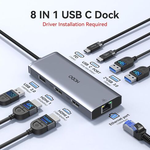 محول USB C HUB مزدوج HDMI لجهاز MacBook Pro Air، محطة إرساء مزدوجة الشاشة، محول USB C متعدد المنافذ Mac Dongle مع 2 HDMI، 3 USB، 100W PD، إيثرنت، وضع ممتد لجهاز MacBook M1 M2 M3/Dell/HP/Lenovo in Kuwait