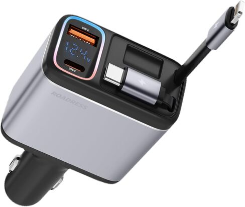 Retractable Car Charger with Dual Retractable Charging Cables, 147W 4 in 1 Fast Car Phone Charger with Multicolored Light for Laptop, iPhone15/14/13/12 Pro Max,iPad,Samsung,Pixel in Kuwait