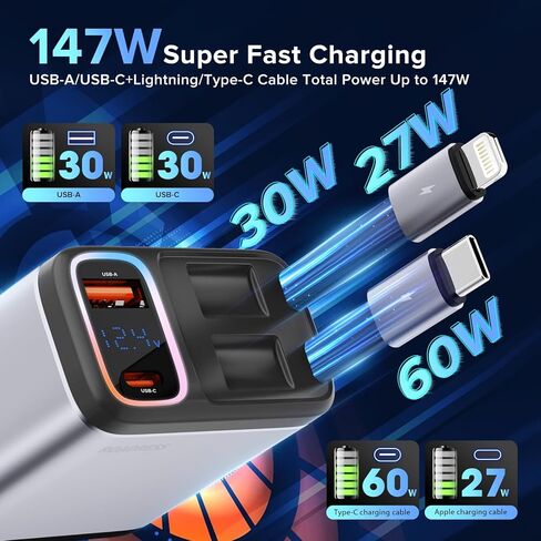 Retractable Car Charger with Dual Retractable Charging Cables, 147W 4 in 1 Fast Car Phone Charger with Multicolored Light for Laptop, iPhone15/14/13/12 Pro Max,iPad,Samsung,Pixel in Kuwait