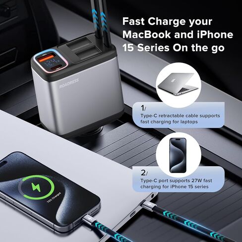 Retractable Car Charger with Dual Retractable Charging Cables, 147W 4 in 1 Fast Car Phone Charger with Multicolored Light for Laptop, iPhone15/14/13/12 Pro Max,iPad,Samsung,Pixel in Kuwait