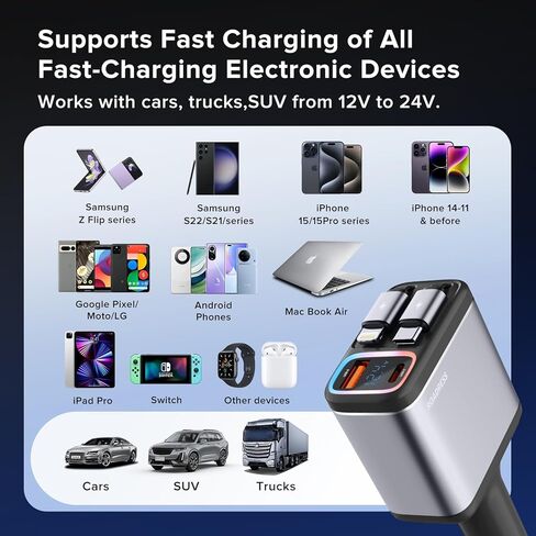 Retractable Car Charger with Dual Retractable Charging Cables, 147W 4 in 1 Fast Car Phone Charger with Multicolored Light for Laptop, iPhone15/14/13/12 Pro Max,iPad,Samsung,Pixel in Kuwait