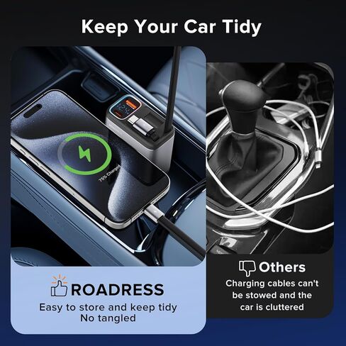 Retractable Car Charger with Dual Retractable Charging Cables, 147W 4 in 1 Fast Car Phone Charger with Multicolored Light for Laptop, iPhone15/14/13/12 Pro Max,iPad,Samsung,Pixel in Kuwait