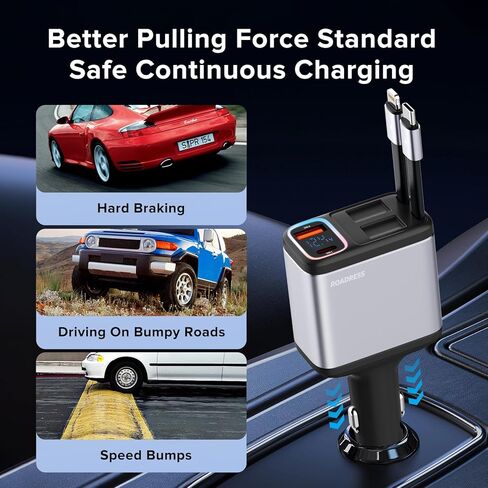 Retractable Car Charger with Dual Retractable Charging Cables, 147W 4 in 1 Fast Car Phone Charger with Multicolored Light for Laptop, iPhone15/14/13/12 Pro Max,iPad,Samsung,Pixel in Kuwait