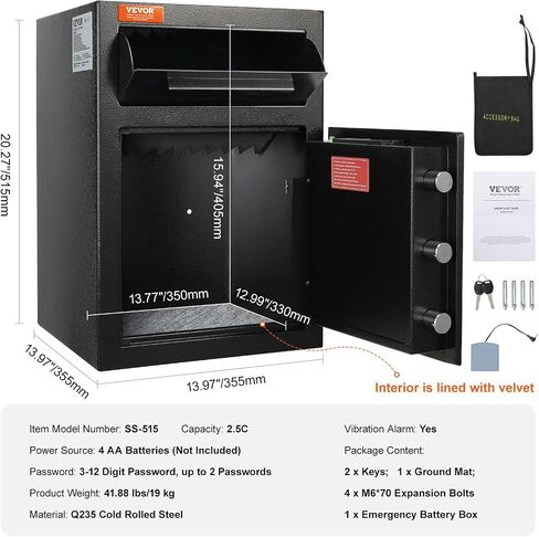 VEVOR 1.7 Cub Depository Safe, Deposit Safe with Drop Slot, Electronic Code Lock and 2 Emergency Keys, 13.77''x11.81''x17.71'' Business Drop Slot Safe for Cash, Mail in Home, Hotel, Office in Saudi Arabia