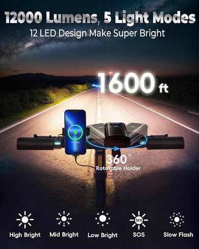 أضواء الدراجة للركوب الليلي، 12 LED 13800 مللي أمبير 60 ساعة وقت التشغيل 12000 لومن من الألومنيوم للدراجة الأمامية و40 ساعة ضوء خلفي وقت التشغيل، IPX6 USB قابل لإعادة الشحن مصباح أمامي LED خلفي ملحقات الإضاءة للبالغين in Kuwait