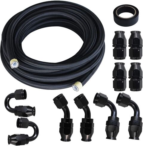 مجموعة خط الوقود 8AN، مجموعة خط الوقود، مجموعة خط الوقود 8AN PTFE، مجموعة تركيب خرطوم خط الوقود المضفر من النايلون 8 CPE 20FT أسود (معرف 0.43 بوصة) مع 10 قطع طقم محول أطراف خرطوم دوار - أسود in Kuwait