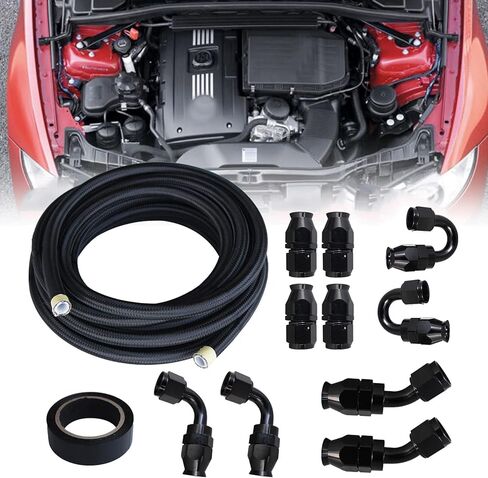 مجموعة خط الوقود 8AN، مجموعة خط الوقود، مجموعة خط الوقود 8AN PTFE، مجموعة تركيب خرطوم خط الوقود المضفر من النايلون 8 CPE 20FT أسود (معرف 0.43 بوصة) مع 10 قطع طقم محول أطراف خرطوم دوار - أسود in Kuwait