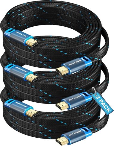 كابل Maximm 4K HDMI، 15 قدمًا، مسطح فائق النحافة موفر للمساحة، سلك HDR HDMI 2.0 عالي السرعة، 3 عبوات، مدرج في قائمة UL in Saudi Arabia