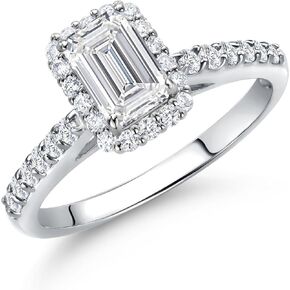 GEM Stone King 10K White Gold Lab نمت خاتم الخطوبة للماس للنساء | 0.97 CTTW | مركز الزمرد قطع 6x4mm | دفاع اللون | VVS-VS Clarity | متوفر بحجم 5،6،7،8،9