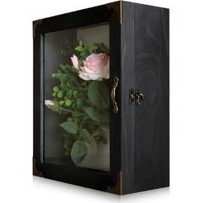 Shadow Box Frame 11x13, Depth 5in Shadow Boxes Display Cases, Rustic Burnt Wood, Vintage Metal Accents, Hinged Door, Metal Handle and Latch, Linen Back