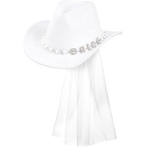 Xo ، Fetti White Sofellished Bride Cowgirl Hat | إكسسوارات البكالوريوس في حالة راينستون ، أغطية رأس الزفاف ، زخارف حفلة باخ ، هدية وصيفات الشرف ، ملابس زفاف