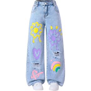 Girls Jeans Baggy Wide Leg Ripped Denim Pants Heart & Flower Print High Elastic Waisted Y2K Skater Outfits 8-12Y
