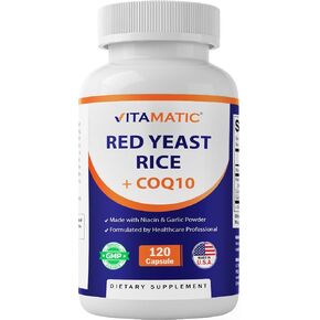 فيتاماتيكي الخميرة الحمراء الخالية من السترينين الأرز 1200 ملغ. كبسولات مع CoQ10 100mg ، niacin خالية من 100 ملغ ، ومسحوق الثوم 20mg - 120 كبسولات الخضار