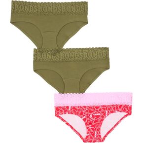 Bonds Women's Underwear Hipster Pack, Lace-top Icons Hipster Panties for Women, Stretchy Cotton-blend Underwear, 3-pack