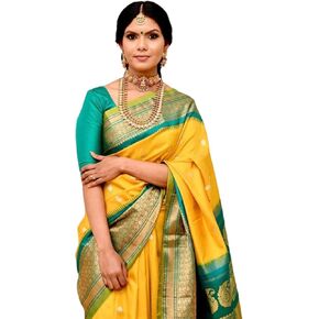 South Indian Yellow Silk Saree with Border and Blouse for Women, featuring Godwal Pattu Sari (Unstitched Blouse)