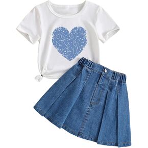 Girl's 2 Piece Outfits Cute Heart Short Sleeve T Shirt and A Line Denim Skirt Clothing Sets