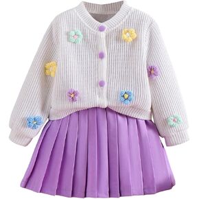 WDIRARA TODDLER GIRL's 2 قطعة ملابس 3D زهرة زر أسفل كارديجان وتنورات aline المطوية