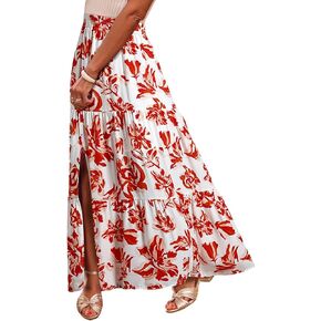 Happy Sailed Skirts for Women Spring Summer Boho Floral Print High Waist Flowy Split A Line Maxi Skirt with Pockets