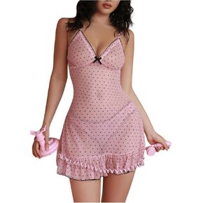 WDIRARA Women's 2 Piece Sheer Mesh Lingerie Set Polka Dots Nightdress Bow Ruffle Nightgown and Panty Sets