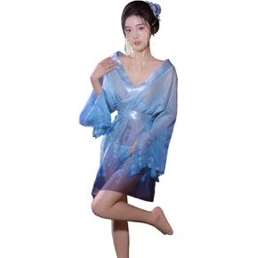 Women's sexy Japanese kimono sheer see through pajamas cosplay deep v backless lace lingerie