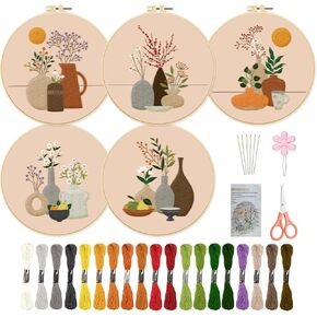 ORIGACH 4 Pack Christmas Embroidery Kit for Beginners, DIY Embroidery Starter Kit with Christmas Santa Bear Patterns, Plastic Embroidery Hoops, Threads, Tools and Instructions for Adults Women