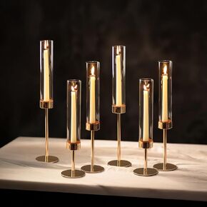 NUPTIO Hurricane Candlestick Holders for Centerpiece: 3 Pcs Gold Taper Candle Holder with Clear Glass Chimney - Tall Candles Stick Holders for Birthday Party Outdoor Decor