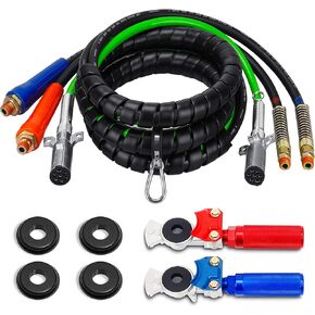 15Ft 3 in 1 ABS & Air Power Line Hose Kit Wrap 7 Way Electrical Cable and Airline Assembly with Glad Hands & Rubber Seals for Semi Trucks Trailer Tractor