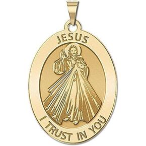 PicturesOnGold.com Divine Mercy Oval Religious Medal - 1/2 X 2/3 in. Size of Dime, Solid 14K Yellow Gold with Engraving
