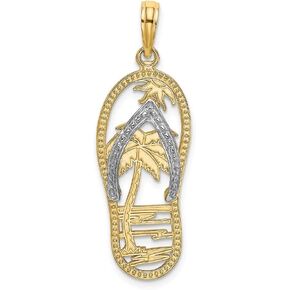 Solid 14k Yellow Gold Two Toned Palm Tree Flip-Flop Charm Pendant - 32mm x 11mm