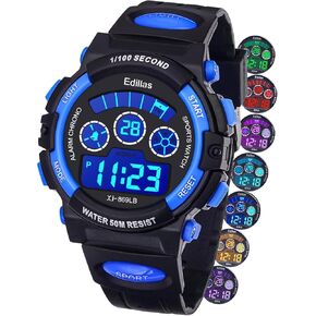 Edillas Kids Watches Boys Digital, 7 Colors LED Lights 50M Waterproof Wristwatches for Children Students Teenagers Sport Outdoor Multifunctional with Stopwatch/Alarm Ages 7-15