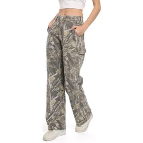 Women Camouflage Cargo Pants Straight Wide Leg Trousers Jeans with Pockets