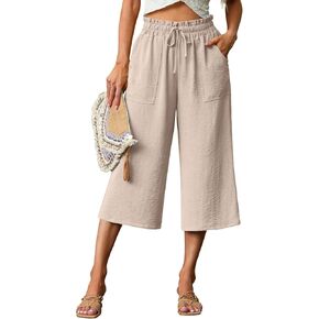 Lepunuo Women's Wide Leg Capri Pants High Waisted Palazzo Pants Adjustable Casual Tie Knot Pants with Pockets in Kuwait