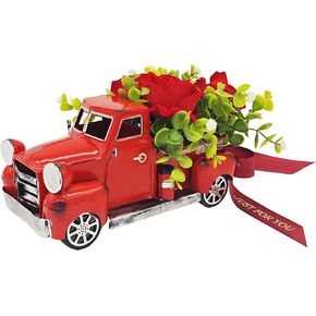 Red Roses Metal Farm Truck Centerpiece, Christmas Red Truck Decor,Vintage Farmhouse Pickup Truck Model, for Mom,Gift Ideal for Lover,Vintage Valentines Table Decor