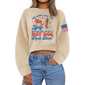 Ymoshoe 4th of July Sweatshirts For Women USA Cropped Sweatshirt American Flag Sweaters Long Sleeve Patriotic Crop Tops 2025