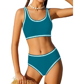 WIQI Girls Swimsuits Bikini Set 2 Piece Bathing Suit Color Contrast Trim Swimwear Size 7-16