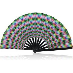Folding Fan UV Glow Rave Bamboo Hand Fan Carnival Decoration Dancing Party Wedding Night Club Concert Tai Chi Kung Fu Large (Multicoloured-10)