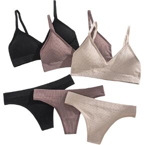 Women's 6 Piece Ribbed Knit Lingerie Sets Seamless Wireless No Show Bra and Panty Thong Sets Matching Underwear Sets