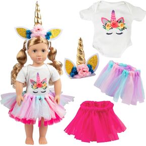 Dress Along Dolly Unicorn Doll Premium Handmade Clothes and Accessories- (4 Pc Set) for All 18 inch Dolls - Includes Leotard, Headband, & 2 Colorful Tutus, Gift for Girls Kids Birthday