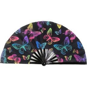 Folding Fan UV Glow Rave Bamboo Summer Hand Fan Dollar Decoration Dancing Party Wedding Night Club Concert Festival Large (Multicoloured-13, M)