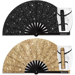 Glitter كبيرة الهذيان طي المعجبين باليد مع الحافظة للرجال/النساء معجبين محمولين من أجل EDM ، المهرجان ، النادي ، الحفلات ، الرقص (Black & Champagne)