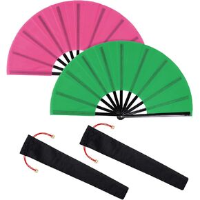 Nydotd 2 Packs Large Rave Fan Handheld Folding Fans Nylon Cloth Foldable with Holder Sleeve for Men Women Performance Line Dance Chinese Kung Fu Tai Chi Decorations Festival Party Gift (Dark Blue)