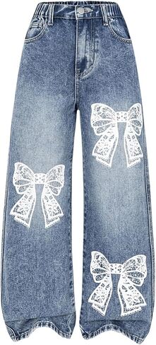 WDIRARA Girl's Y2k Bowknot Print Frayed Hem Denim Pants Straight Leg Elastic Waist Jeans in Saudi Arabia