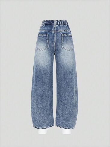 WDIRARA Girl's Y2k Bowknot Print Frayed Hem Denim Pants Straight Leg Elastic Waist Jeans in Saudi Arabia