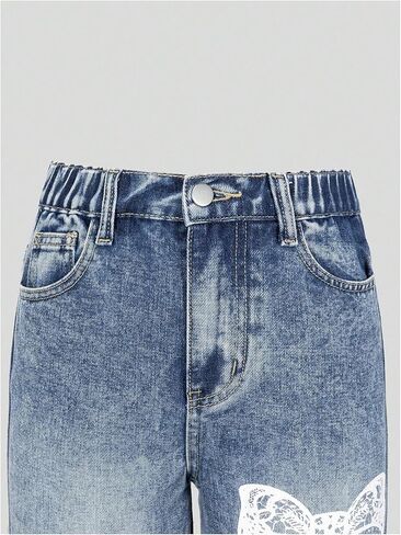WDIRARA Girl's Y2k Bowknot Print Frayed Hem Denim Pants Straight Leg Elastic Waist Jeans in Saudi Arabia