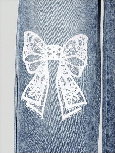 WDIRARA Girl's Y2k Bowknot Print Frayed Hem Denim Pants Straight Leg Elastic Waist Jeans in Saudi Arabia