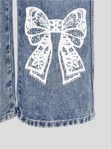 WDIRARA Girl's Y2k Bowknot Print Frayed Hem Denim Pants Straight Leg Elastic Waist Jeans in Saudi Arabia