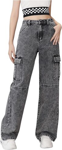 WDIRARA Girl's Flap Pocket Side High Waist Straight Leg Cargo Long Jeans Denim Pants in Kuwait
